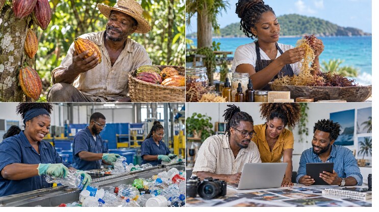 A cocoa farmer, a seamoss producer, a recycling line and a creative team at work